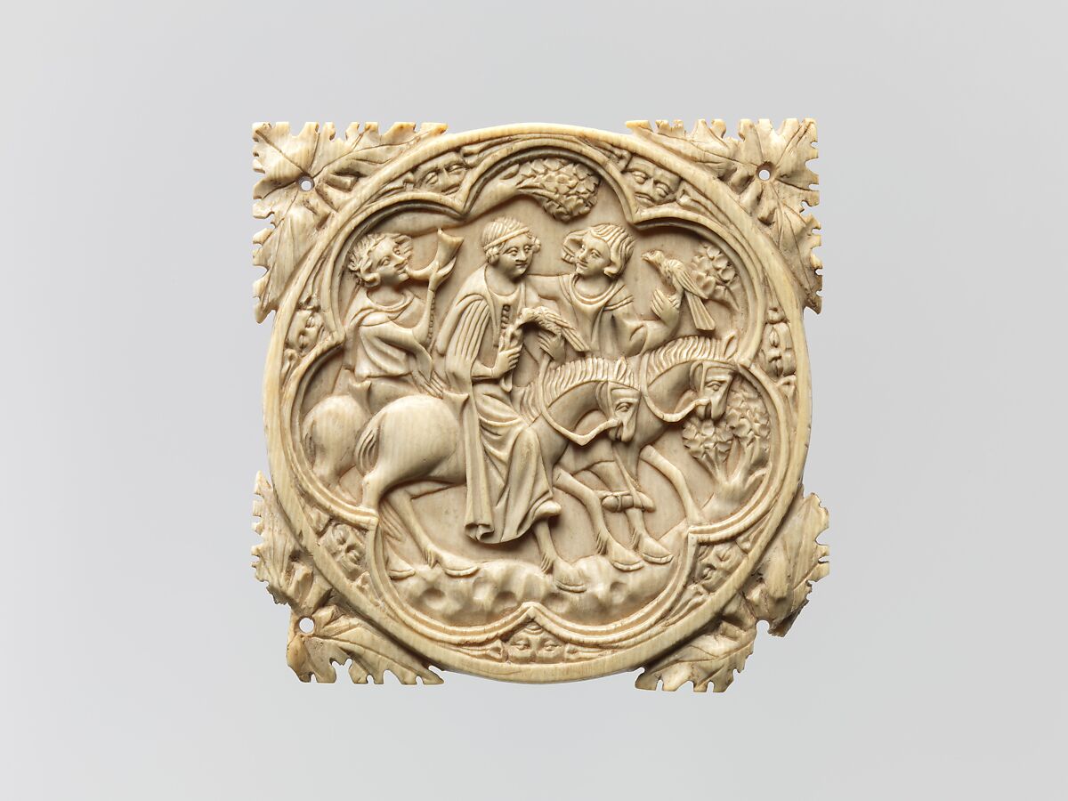 Carved ivory mirror case showing nobleman and woman and servant on horseback