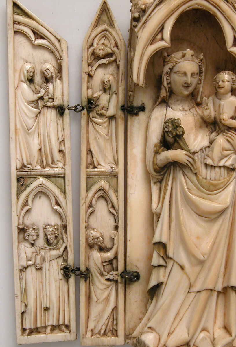 Folding Shrine with Virgin and Child, Elephant ivory with traces of polychromy and metal mounts, French