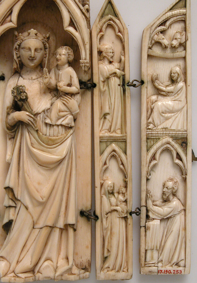 Folding Shrine with Virgin and Child, Elephant ivory with traces of polychromy and metal mounts, French