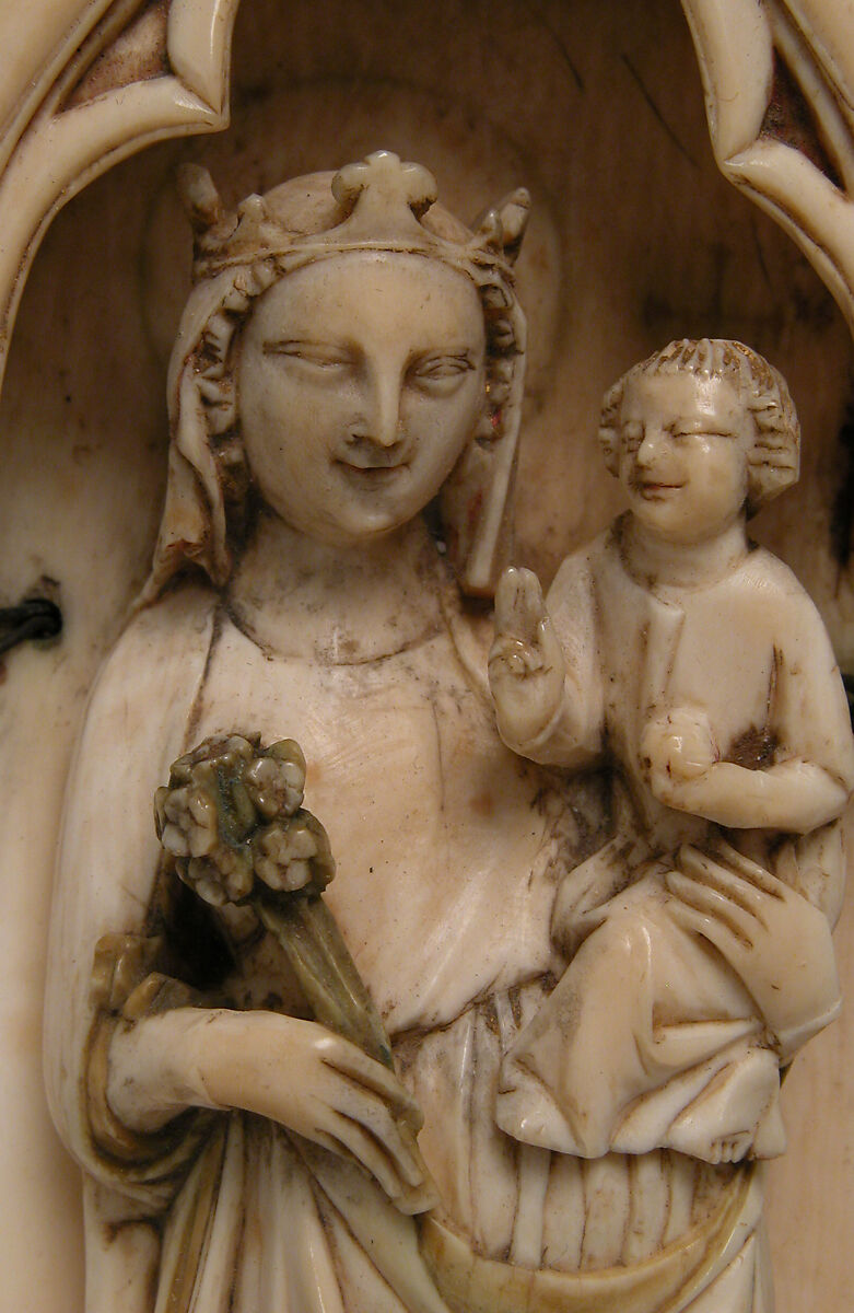 Folding Shrine with Virgin and Child, Elephant ivory with traces of polychromy and metal mounts, French