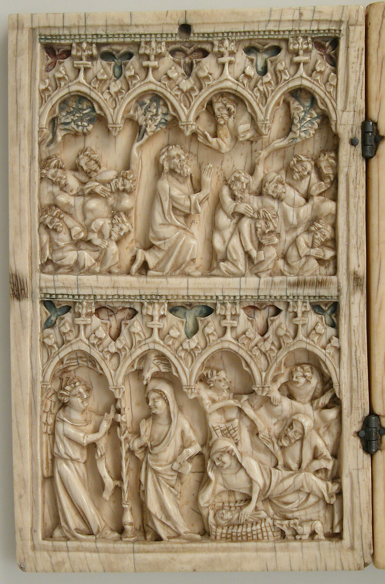 Diptych with Scenes from the Life of Christ, Elephant ivory with traces of paint and metal mounts, French