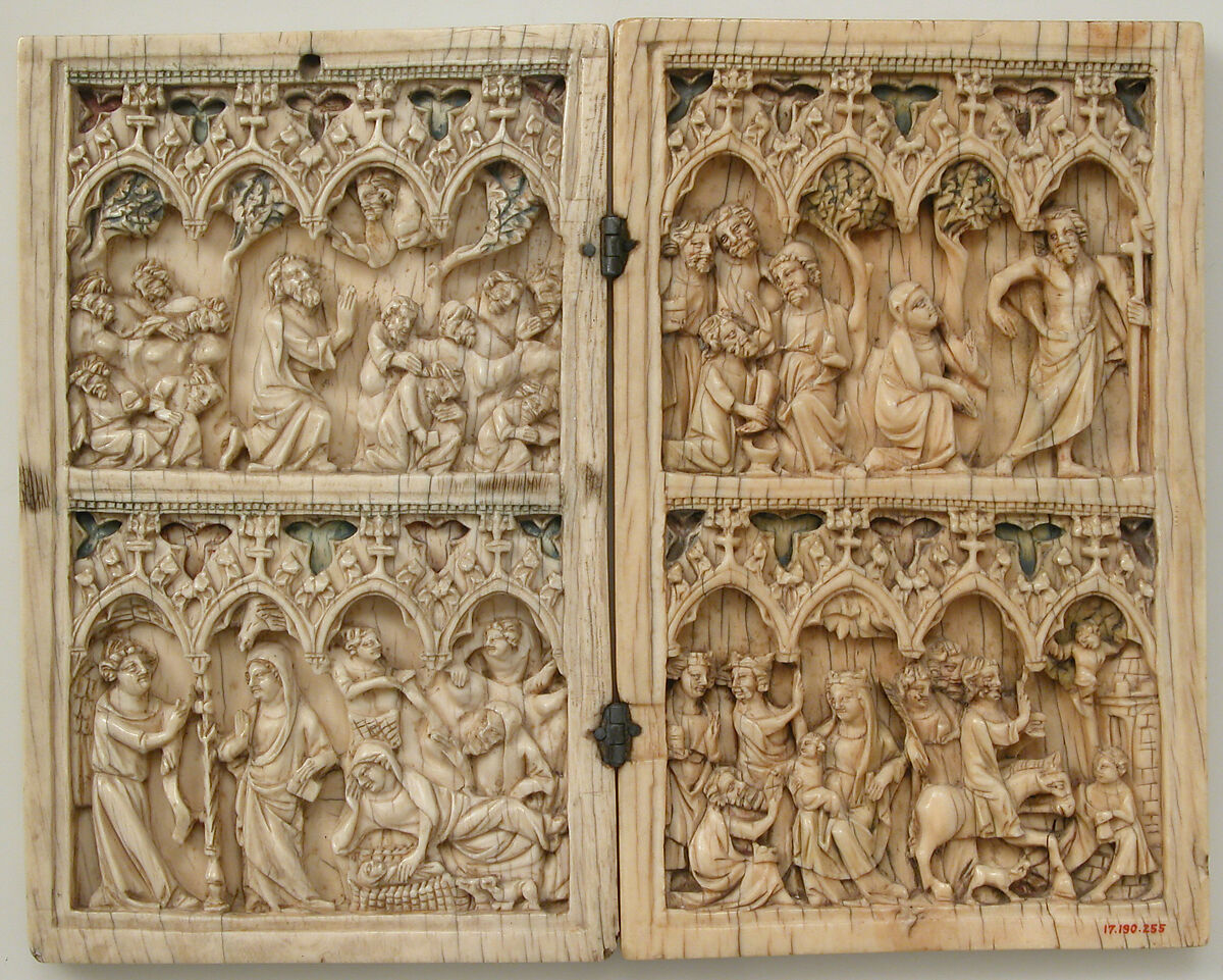 Diptych with Scenes from the Life of Christ, Elephant ivory with traces of paint and metal mounts, French