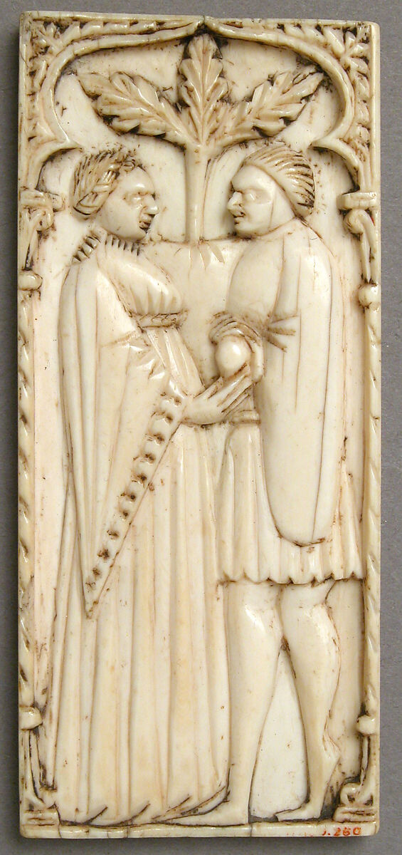 Plaque with a Pair of Lovers, Elephant ivory with traces of polychromy, North Italian 