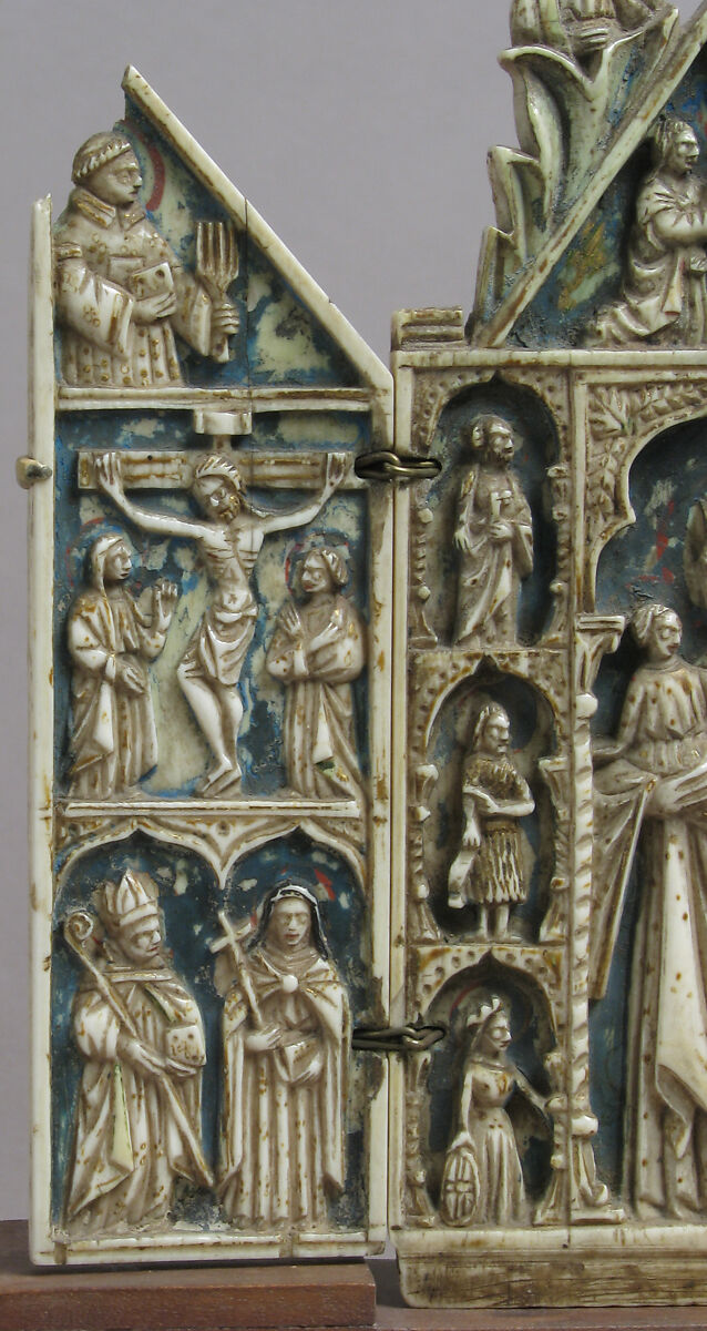 Triptych with Virgin and Child and Saints, Elephant ivory, polychromy, gilding with metal mounts, Italian