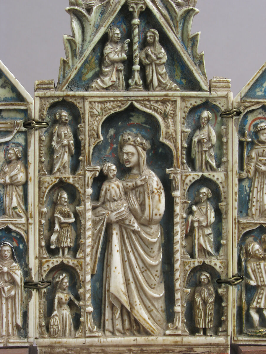 Triptych with Virgin and Child and Saints, Elephant ivory, polychromy, gilding with metal mounts, Italian