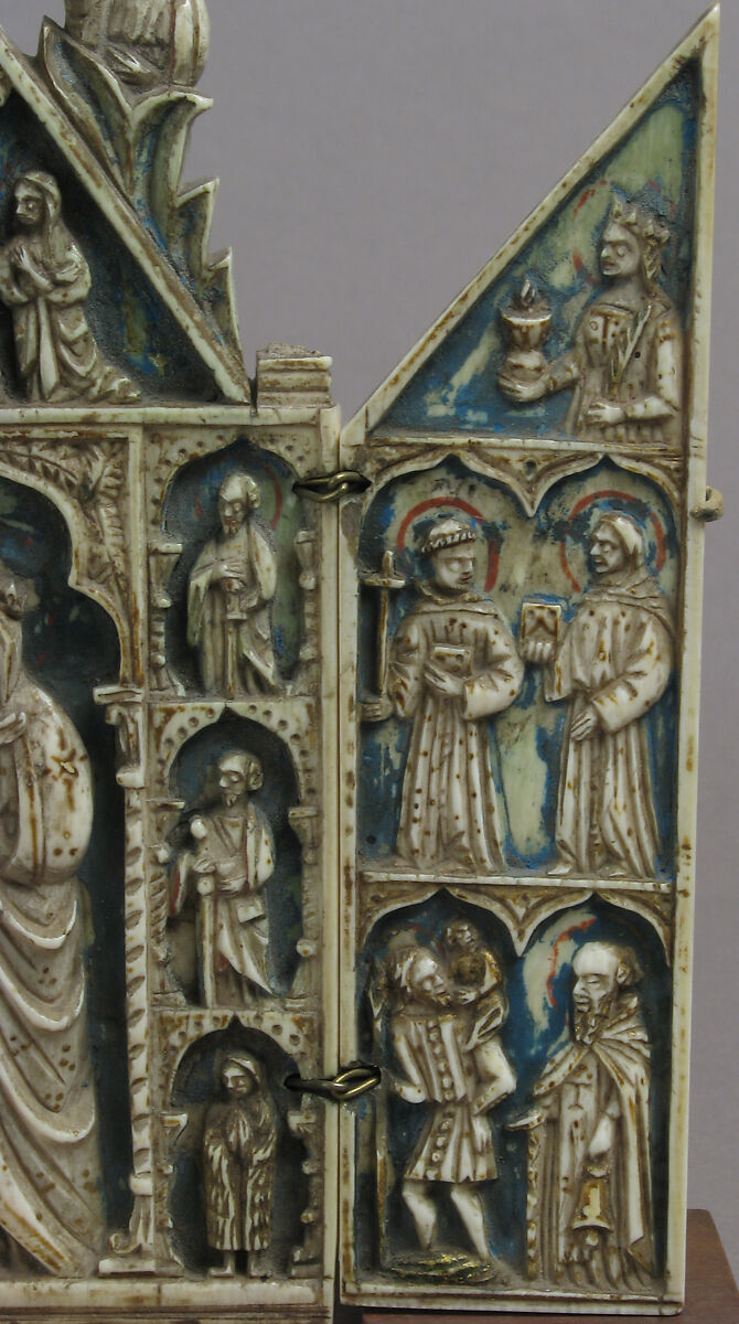 Triptych with Virgin and Child and Saints, Elephant ivory, polychromy, gilding with metal mounts, Italian