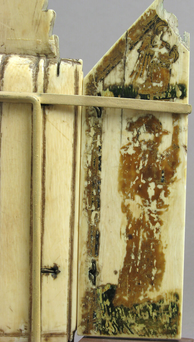 Triptych with Virgin and Child and Saints, Elephant ivory, polychromy, gilding with metal mounts, Italian
