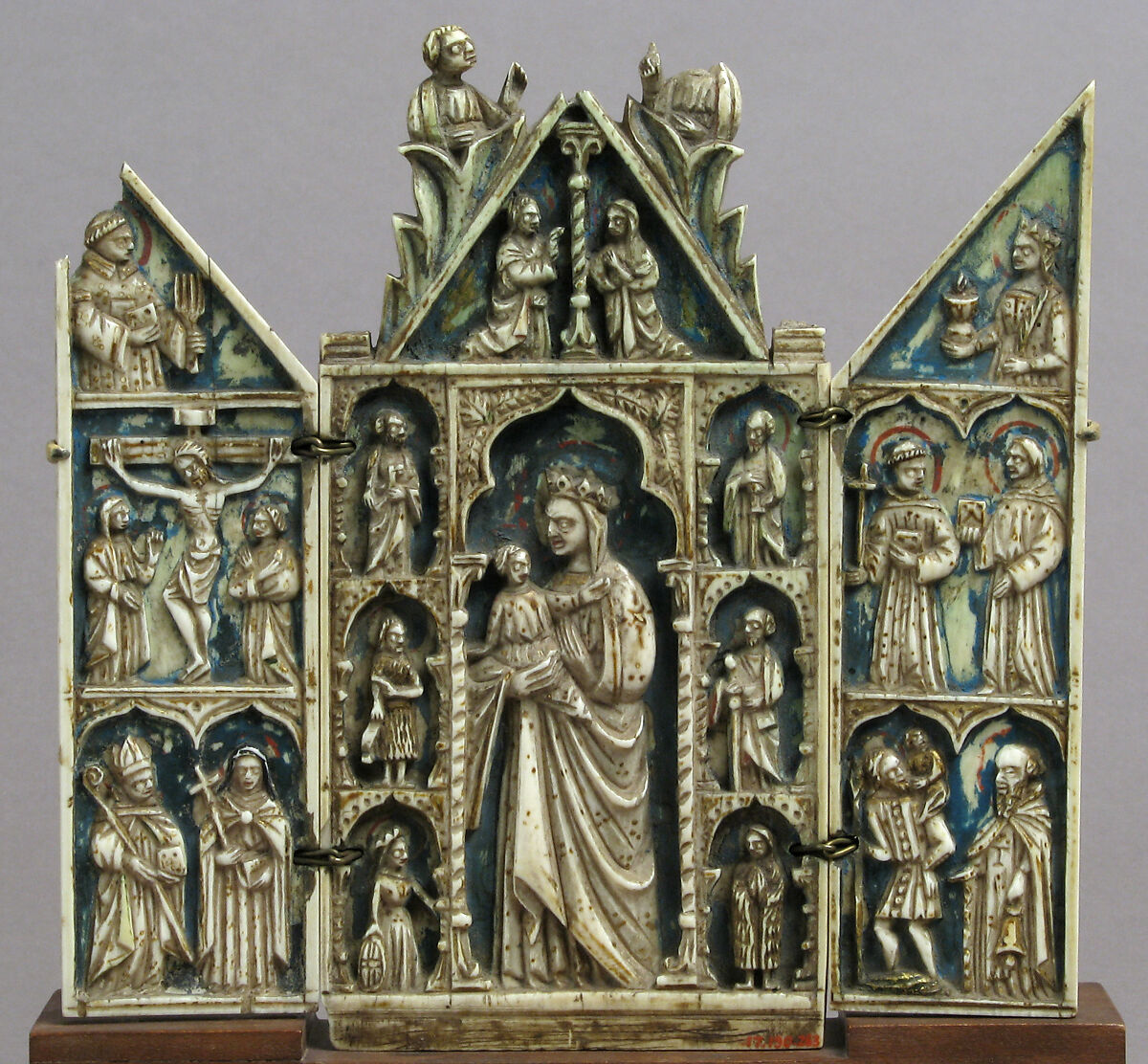 Triptych with Virgin and Child and Saints, Ivory, polychromy, gilding with metal mounts, Italian 