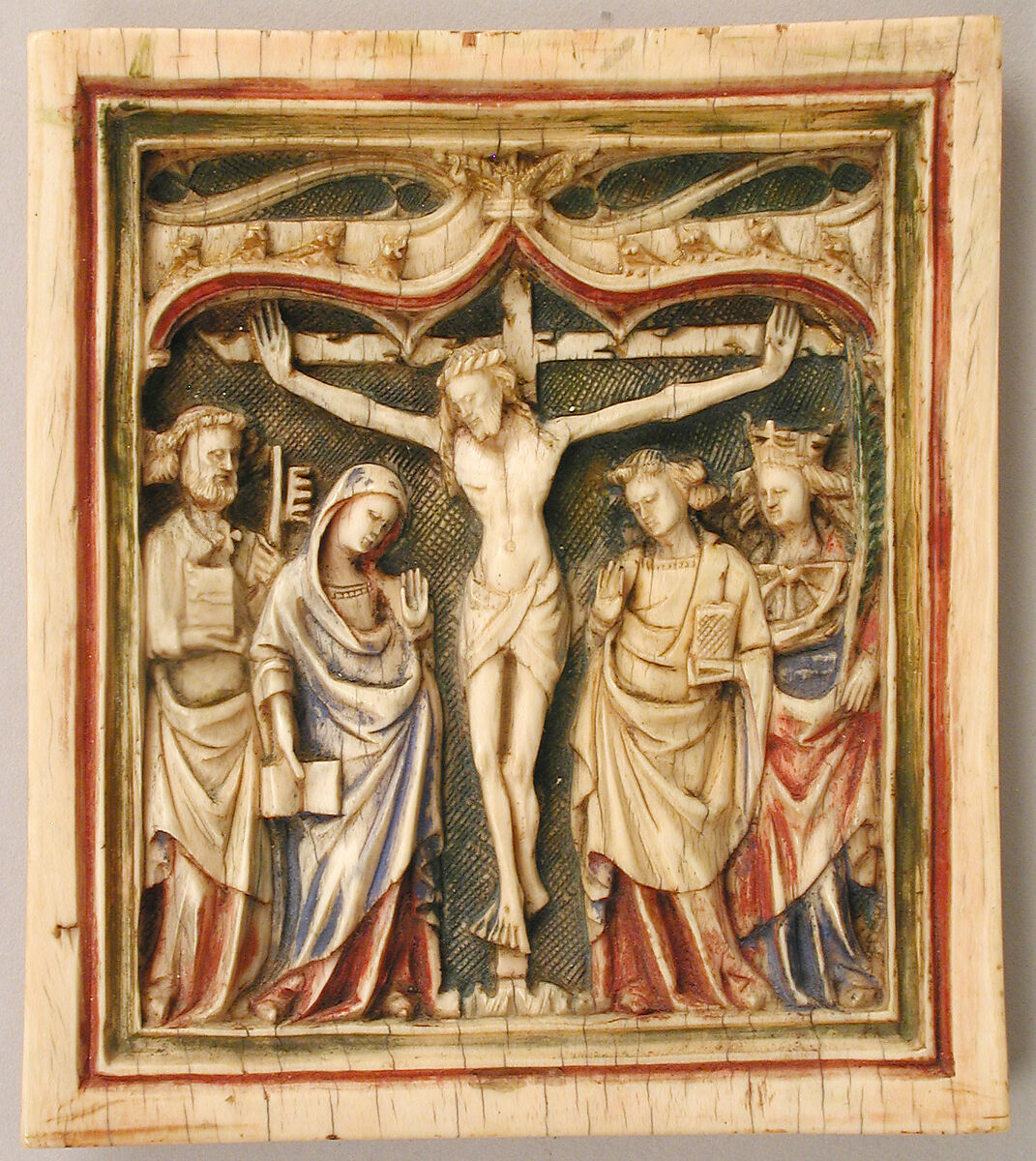 Plaque with the Crucifixion, Ivory with paint, South Netherlandish 