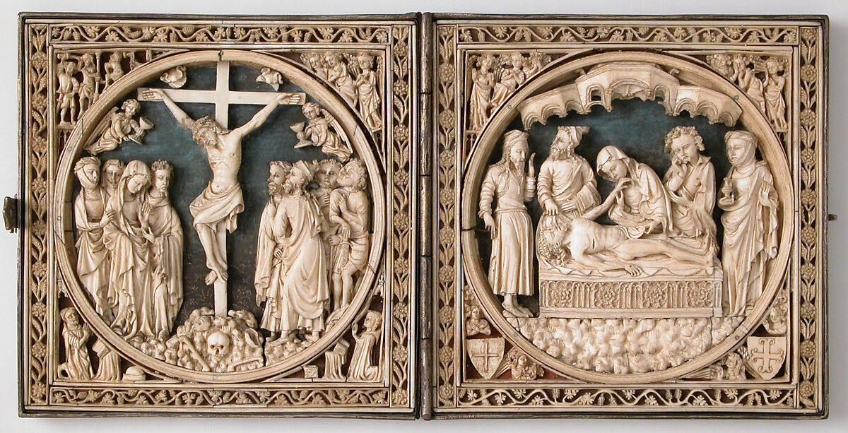 Diptych with the Passion of Jesus, Elephant ivory, parchment, pigment, silver frame, French or Netherlandish 