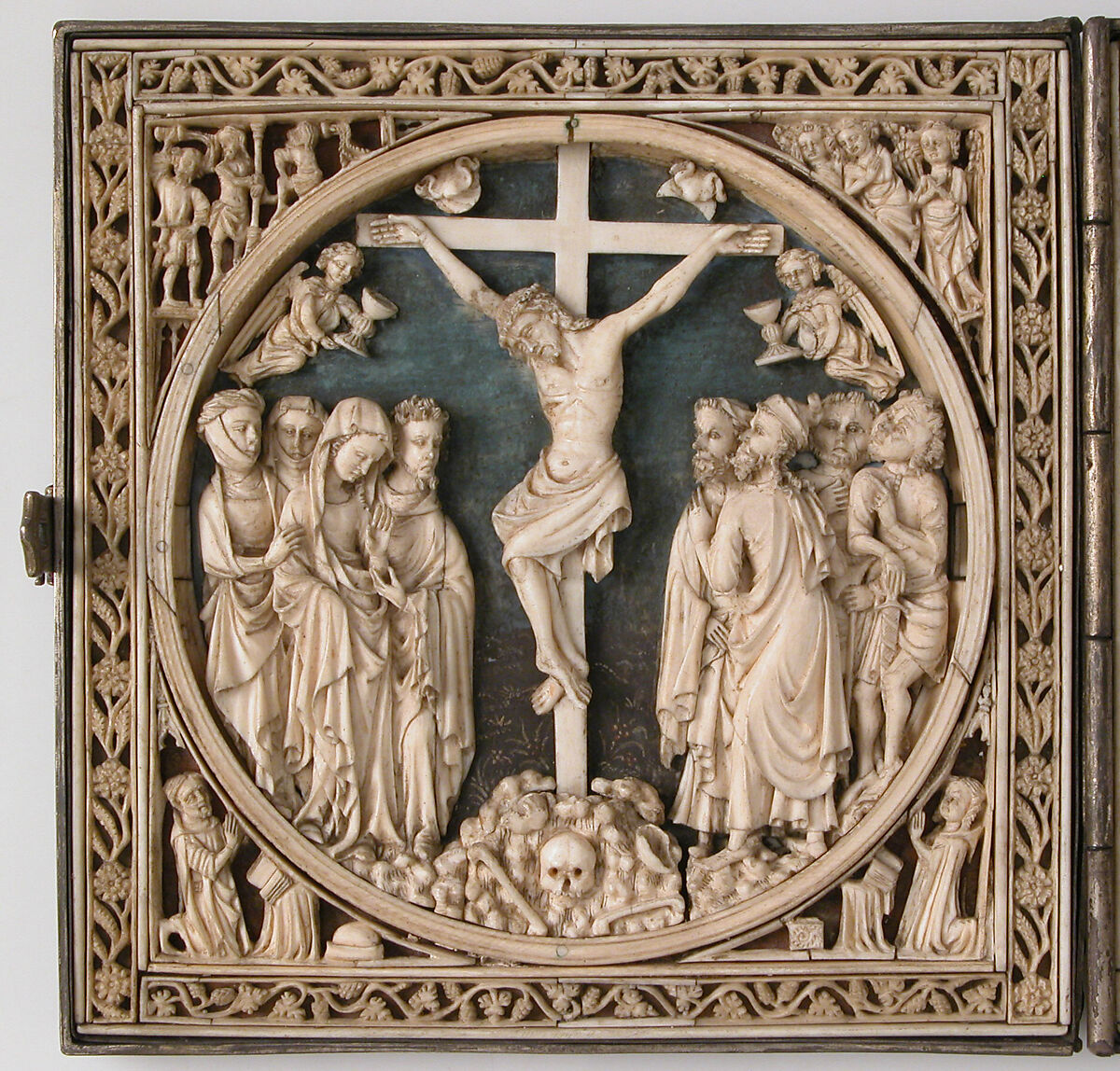 Diptych with the Passion of Jesus, Elephant ivory, parchment, pigment, silver frame, French or Netherlandish