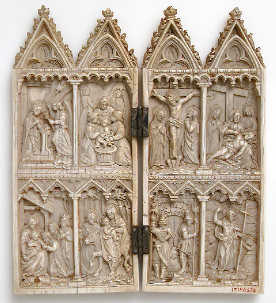 Diptych with Scenes from the Life of Christ, Elephant ivory with metal hinges, European (Medieval style)