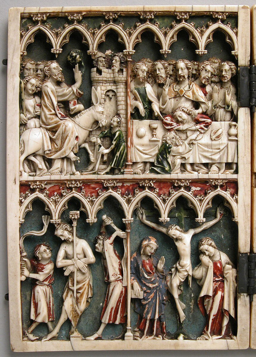 Diptych with Scenes from the Passion, Elephant ivory with paint and metal mounts, French