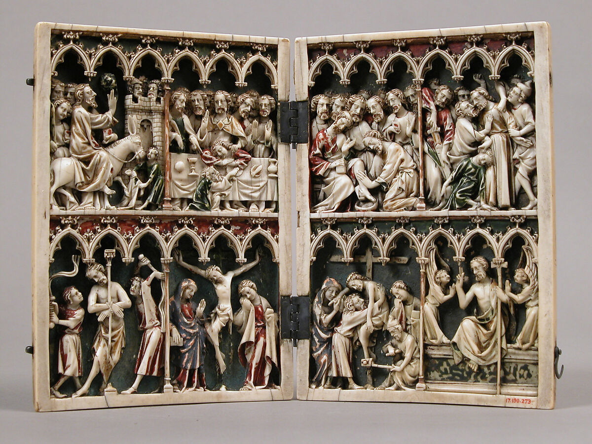 Diptych with Scenes from the Passion, Elephant ivory with paint and metal mounts, French 