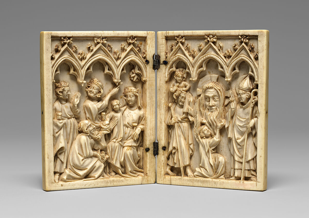 Diptych with the Adoration of the Magi (left); Saint Christopher, Vera Icon (True Image) of Christ Held up by an Angel, and Bishop-Saint (right), Ivory with metal mounts, North French 
