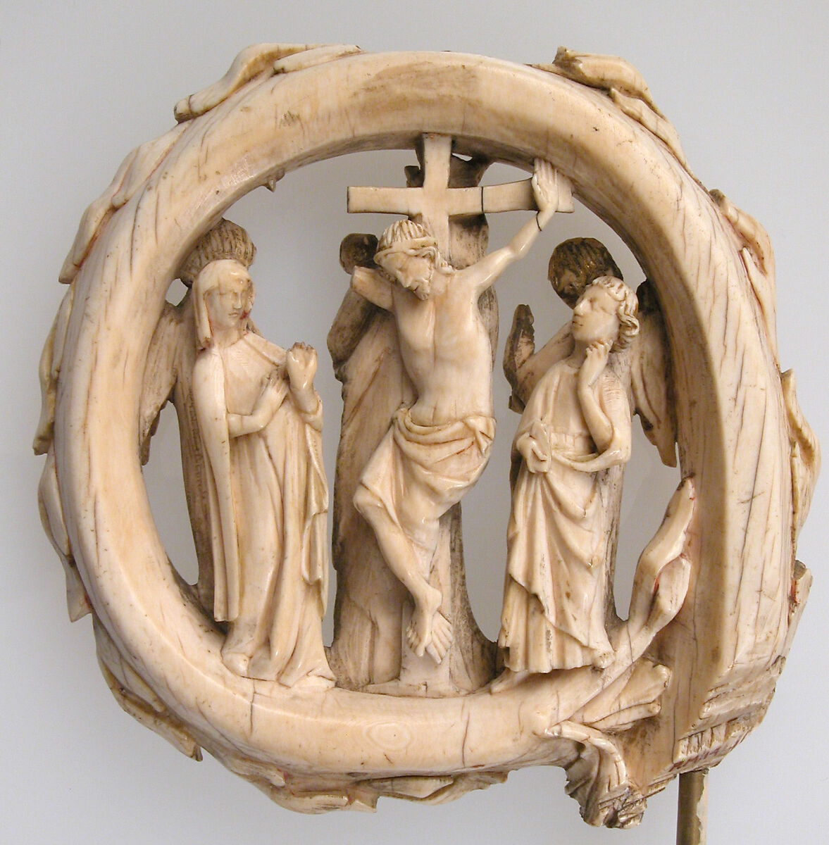 Crozier Head with the Crucifixion and the Virgin and Child, Elephant ivory, with traces of paint and gilding, French 