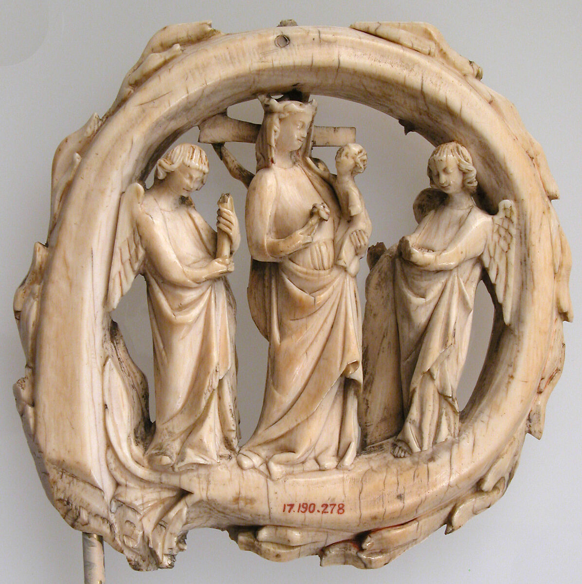 Crozier Head with the Crucifixion and the Virgin and Child, Elephant ivory, with traces of paint and gilding, French