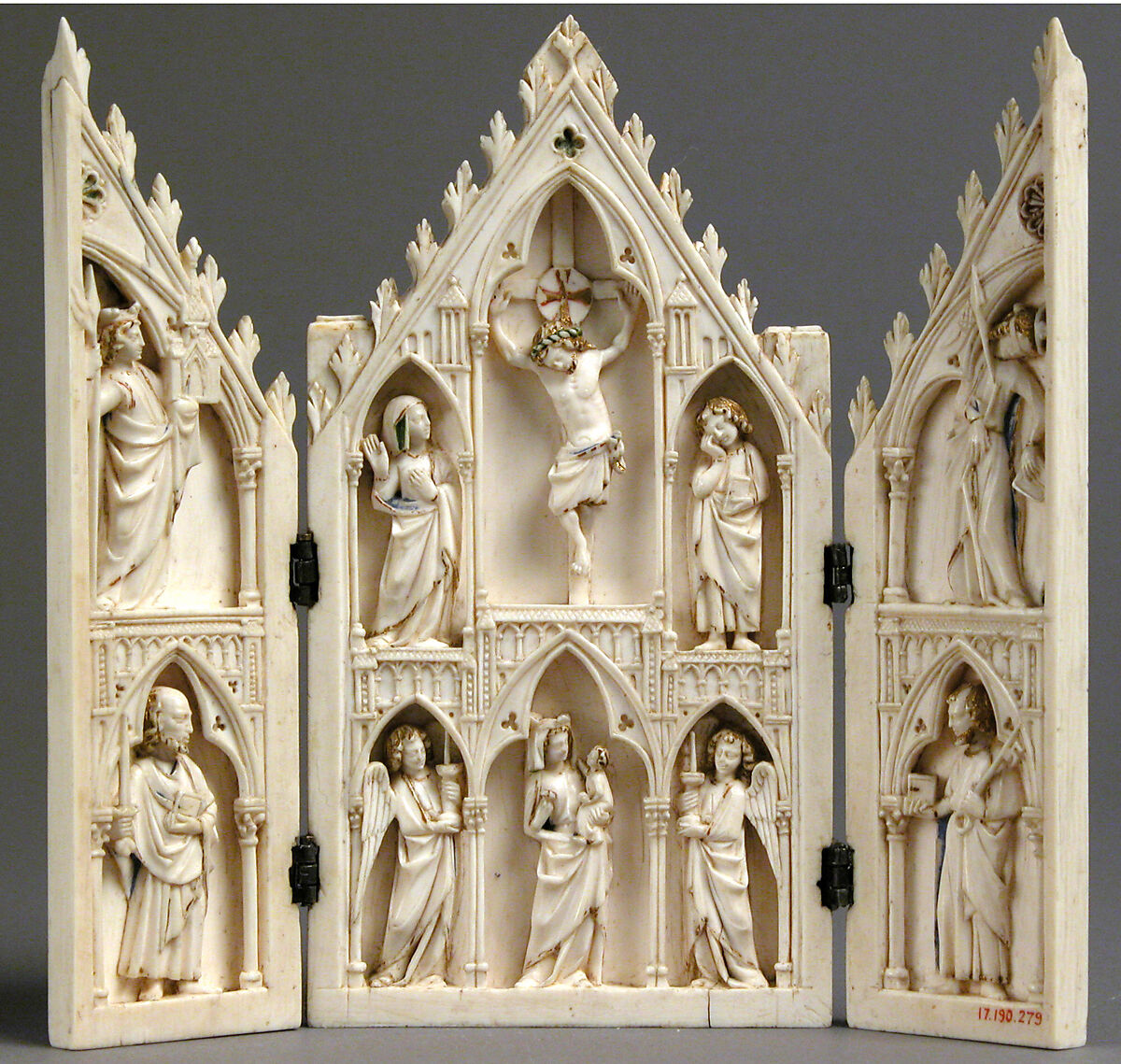 Triptych, Elephant ivory, paint, gilding  with metal mounts, North French