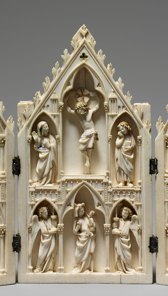 Triptych, Elephant ivory, paint, gilding  with metal mounts, North French