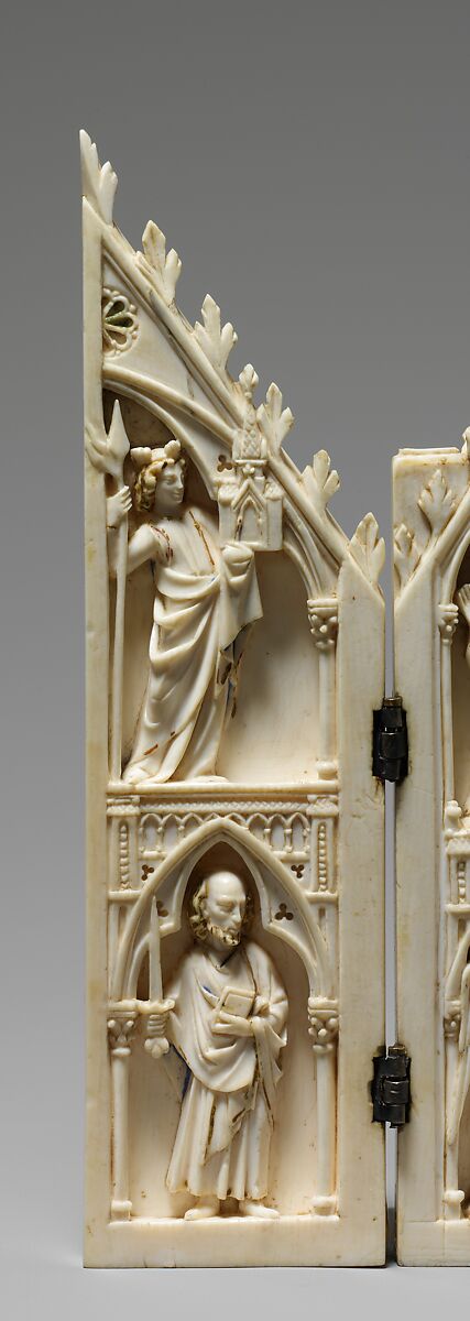 Triptych, Elephant ivory, paint, gilding  with metal mounts, North French