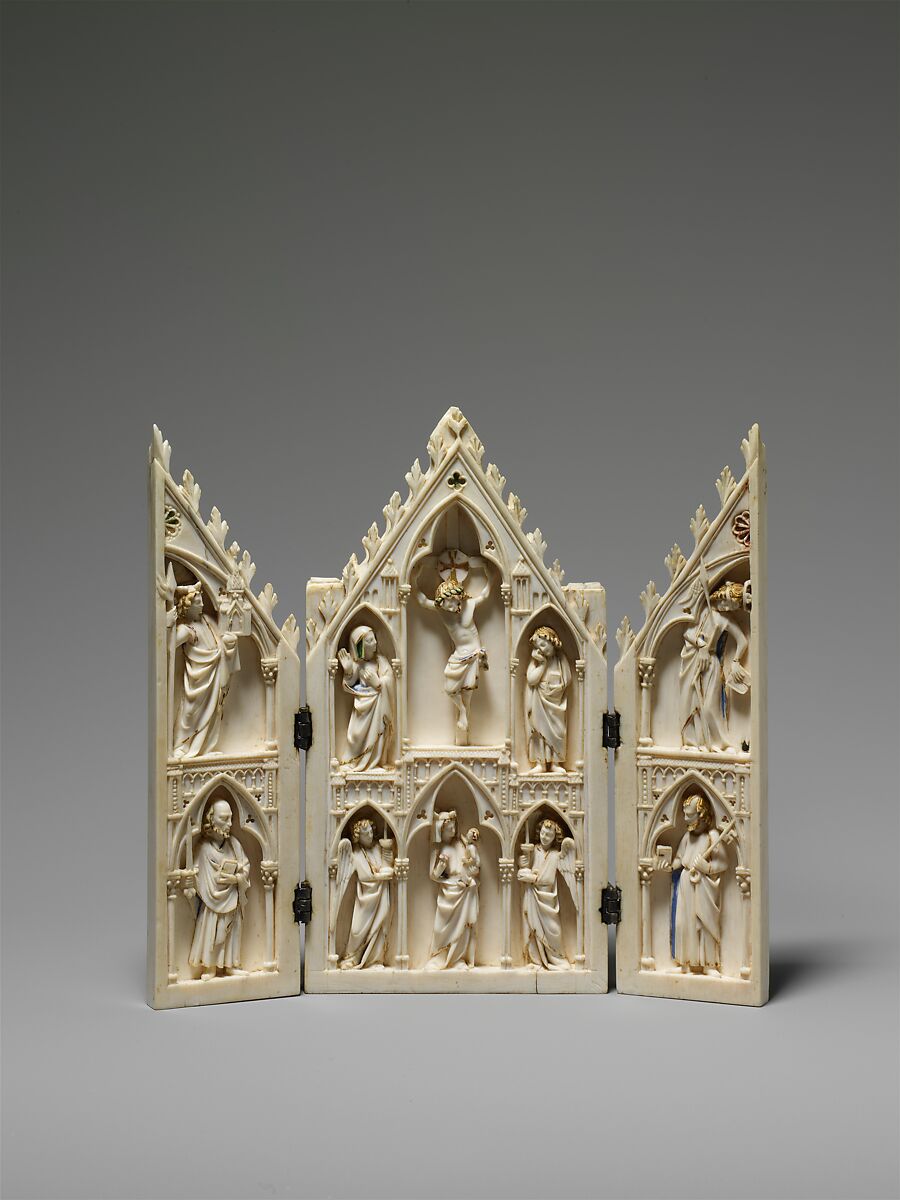Triptych, Ivory, paint, gilding  with metal mounts, North French 