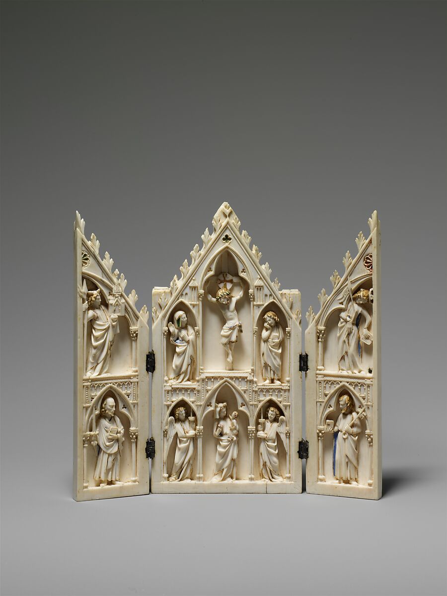 Triptych, Ivory, paint, gilding  with metal mounts, North French