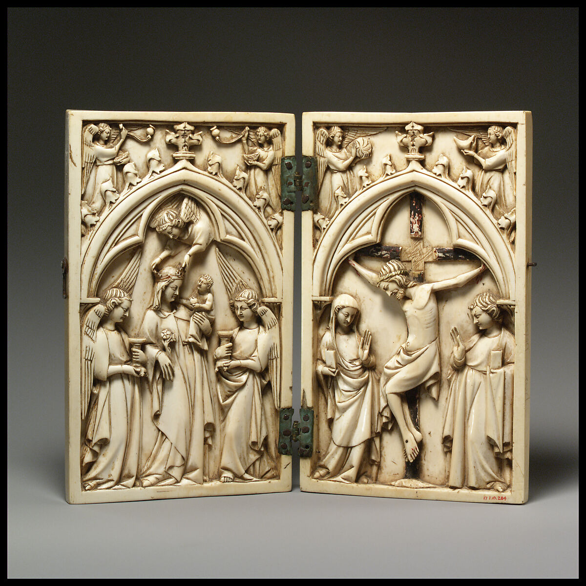 Diptych with Virgin and Child and Crucifixion, Ivory  with metal mounts, French 