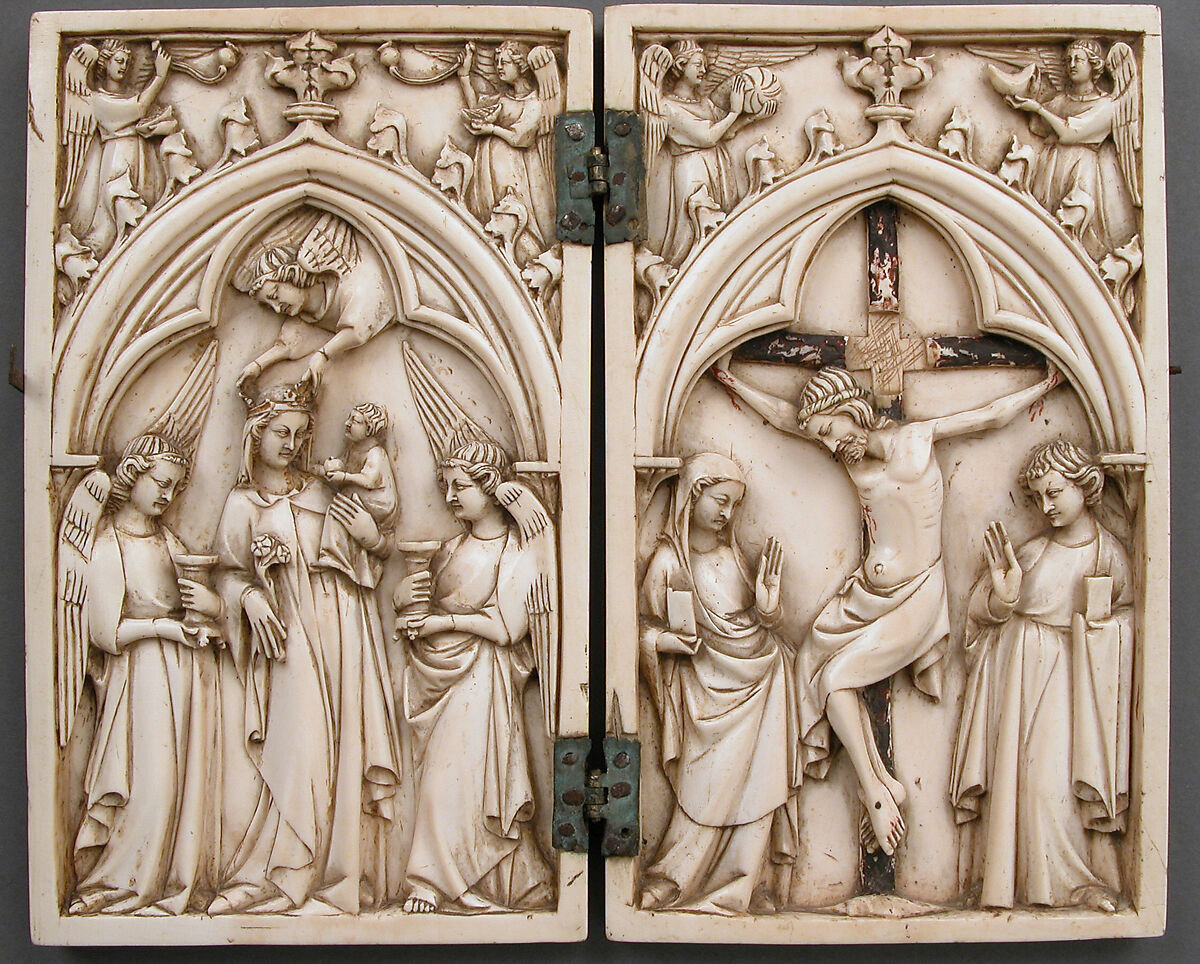 Diptych with Virgin and Child and Crucifixion, Elephant ivory with metal mounts, French