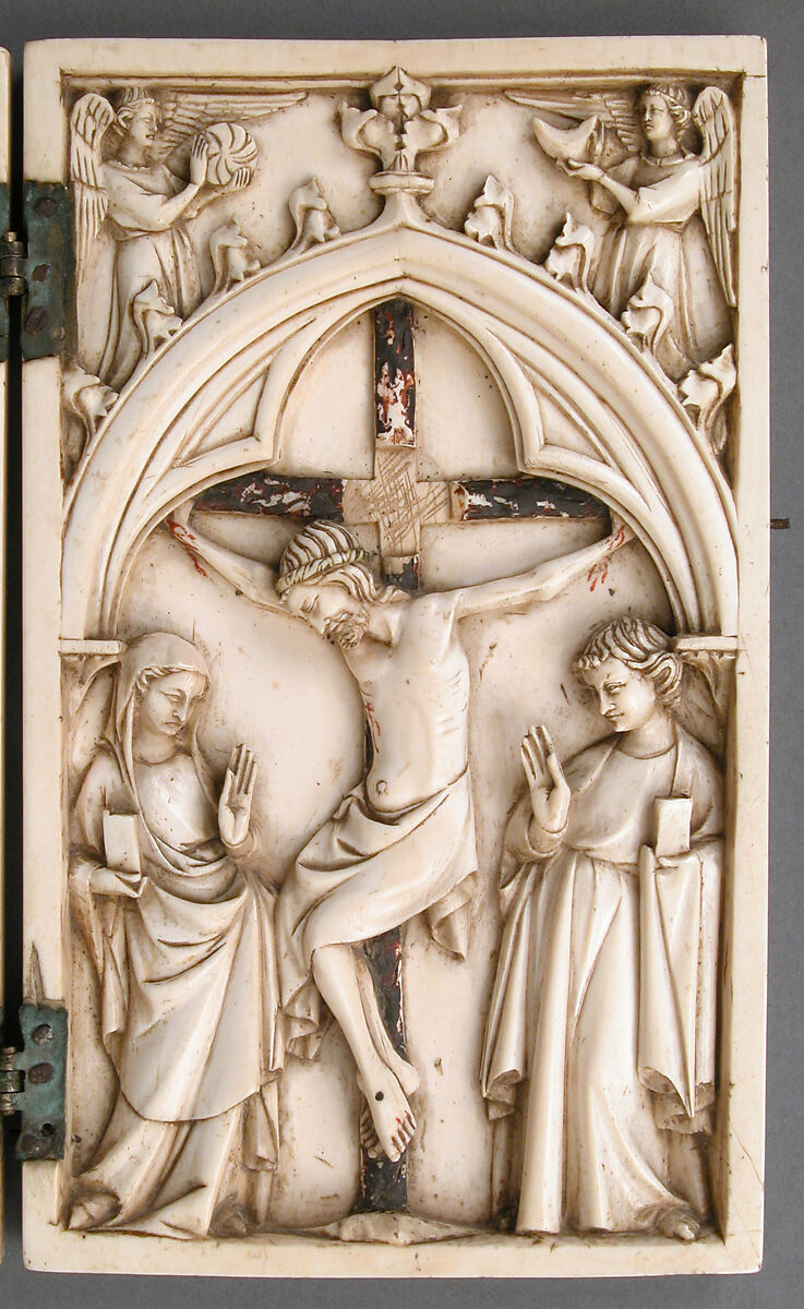 Diptych with Virgin and Child and Crucifixion, Elephant ivory with metal mounts, French