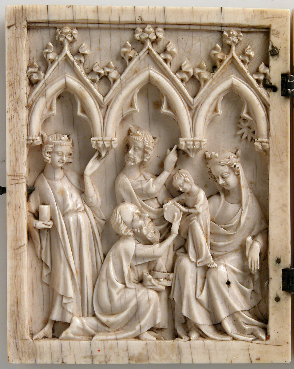 Diptych with the Adoration of the Magi and the Crucifixion, Elephant ivory with metal mounts, French or German