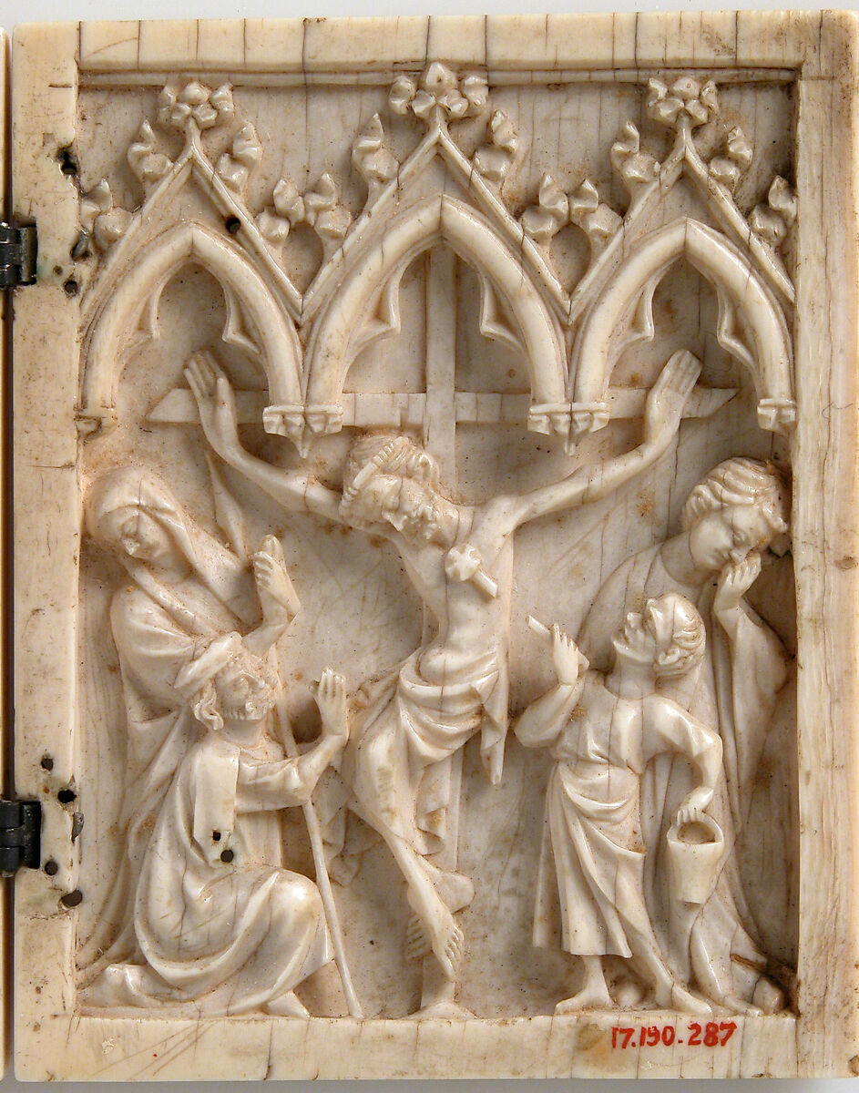 Diptych with the Adoration of the Magi and the Crucifixion, Elephant ivory with metal mounts, French or German