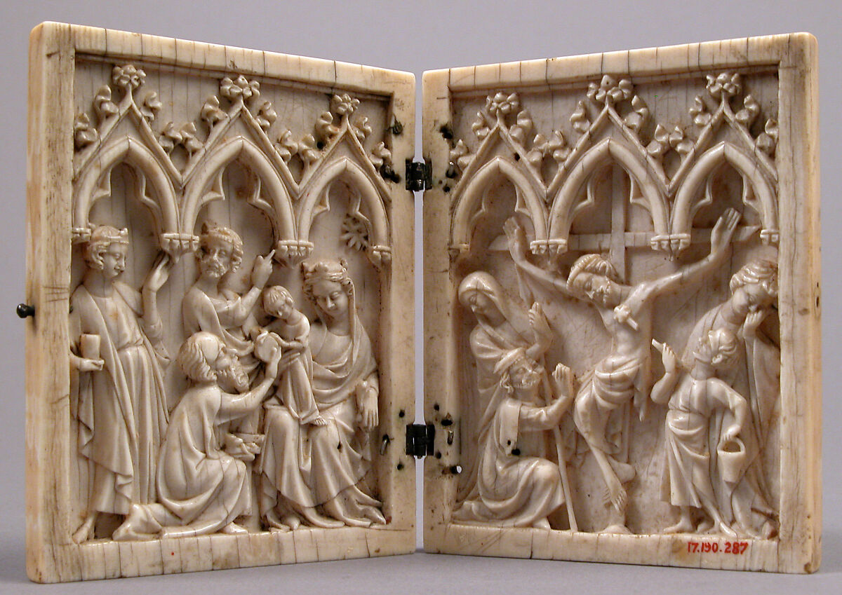 Diptych with the Adoration of the Magi and the Crucifixion, Ivory  with metal mounts, French or German 