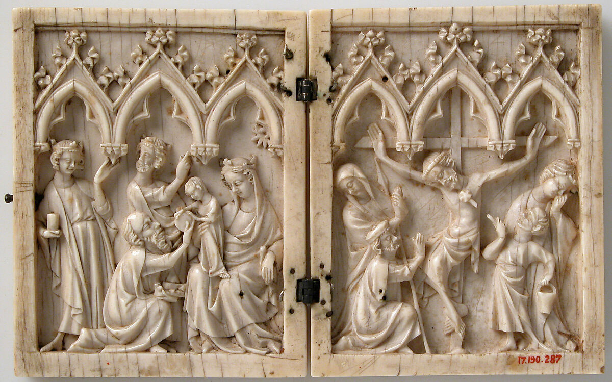 Diptych with the Adoration of the Magi and the Crucifixion, Elephant ivory with metal mounts, French or German