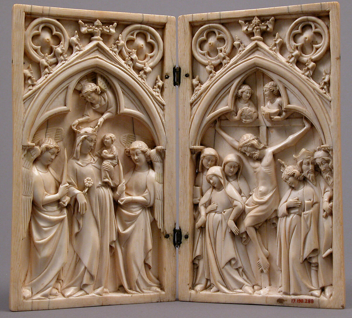Diptych with the Crucifixion and the Coronation of the Virgin, Ivory with metal mounts, North French 
