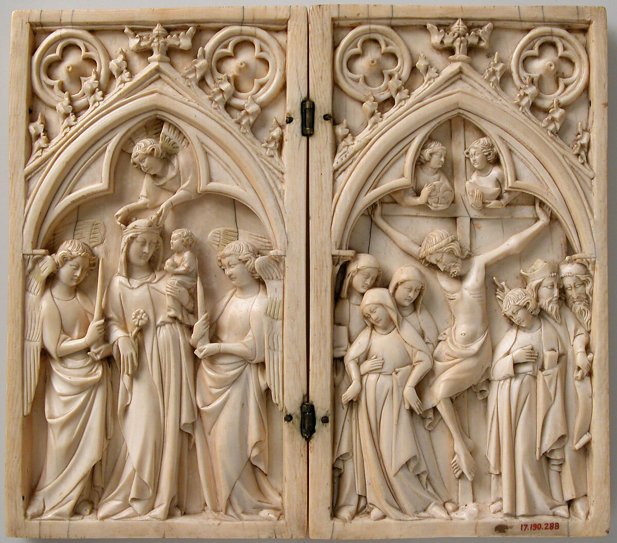 Diptych with the Coronation of the Virgin and the Crucifixion, Elephant ivory with metal mounts, North French