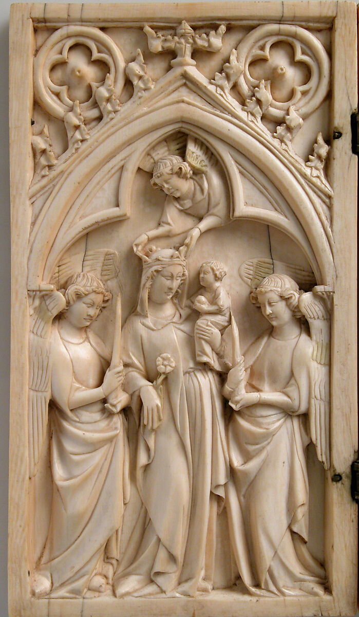 Diptych with the Coronation of the Virgin and the Crucifixion, Elephant ivory with metal mounts, North French