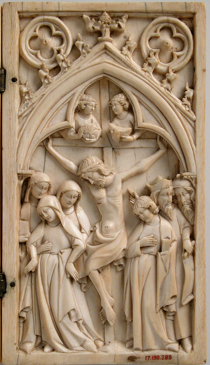 Diptych with the Coronation of the Virgin and the Crucifixion, Elephant ivory with metal mounts, North French