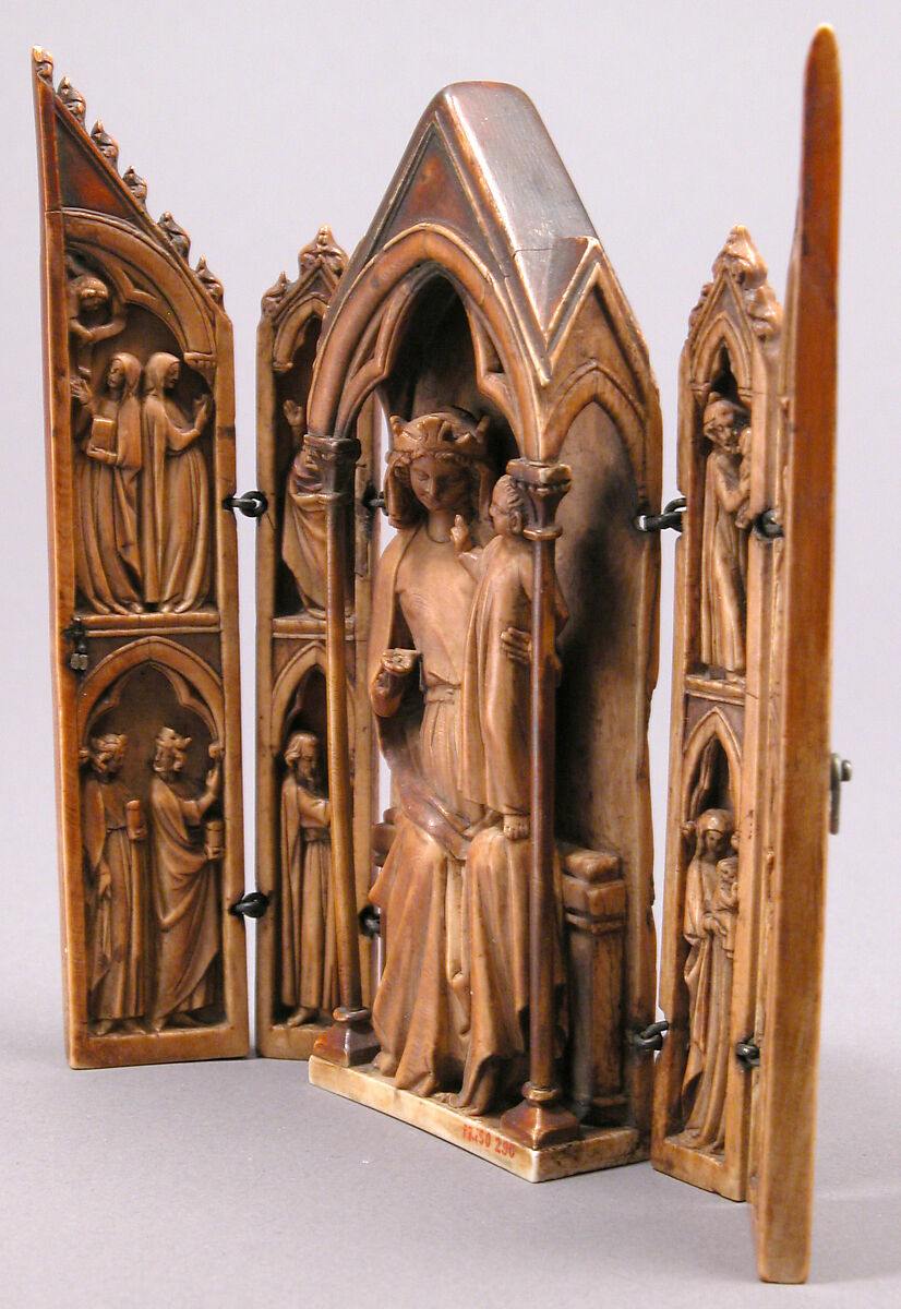 Folding Shrine with Virgin and Child, Elephant ivory with metal mounts, French