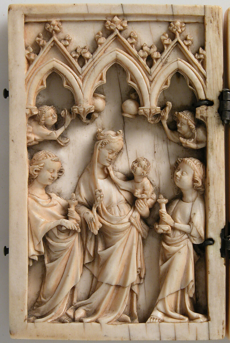 Diptych with the Glorification of the Virgin and the Crucifixion, Elephant ivory with metal mounts, German
