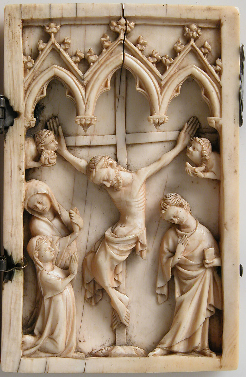 Diptych with the Glorification of the Virgin and the Crucifixion, Elephant ivory with metal mounts, German