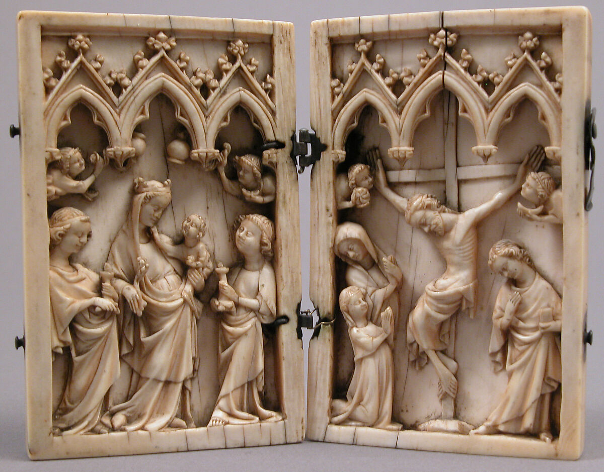 Diptych with the Glorification of the Virgin and the Crucifixion, Elephant ivory with metal mounts, German 