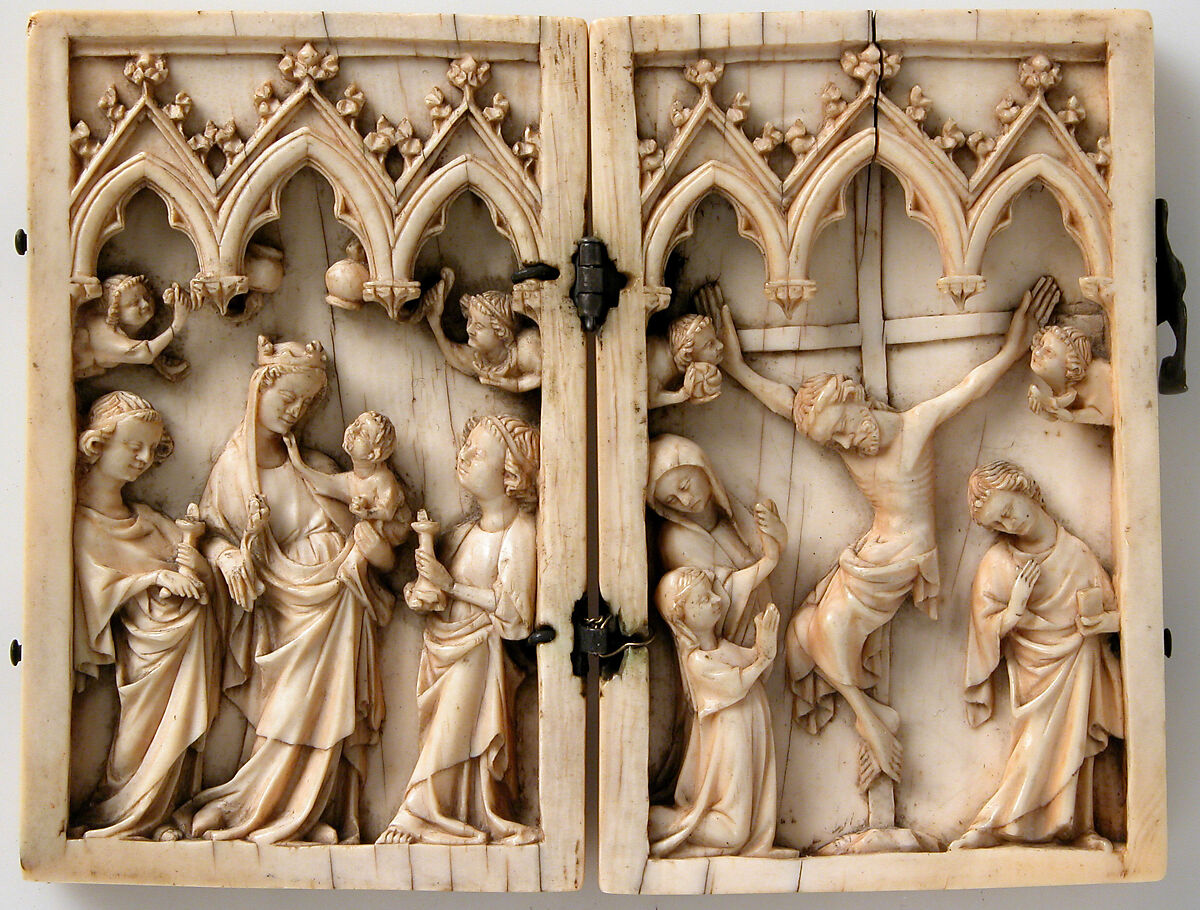 Diptych with the Glorification of the Virgin and the Crucifixion, Elephant ivory with metal mounts, German