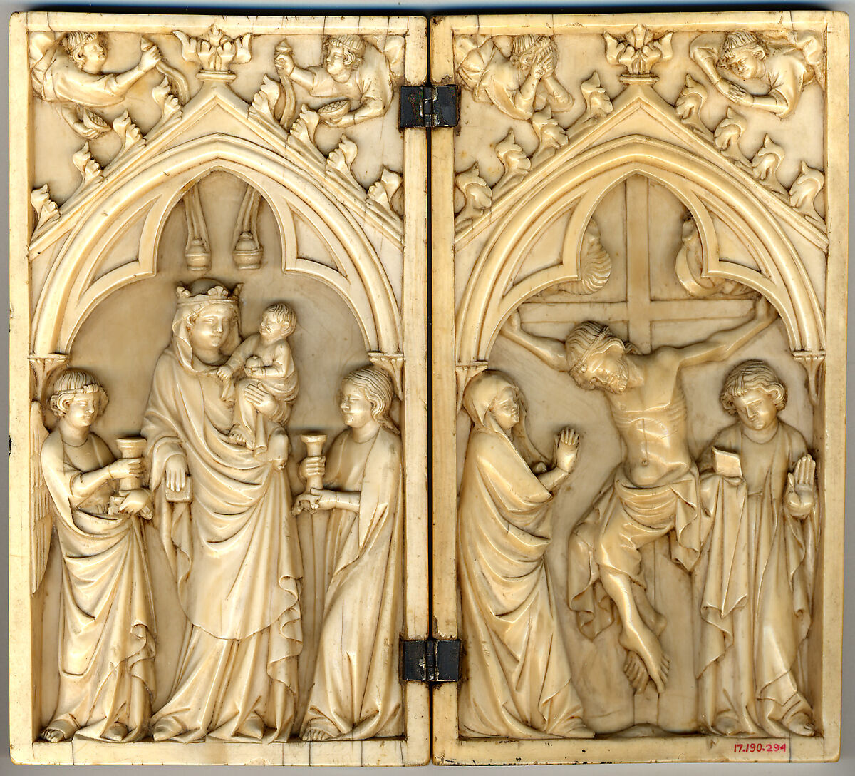 Diptych with the Glorification of the Virgin and Crucifixion, Elephant ivory with metal mounts, French 