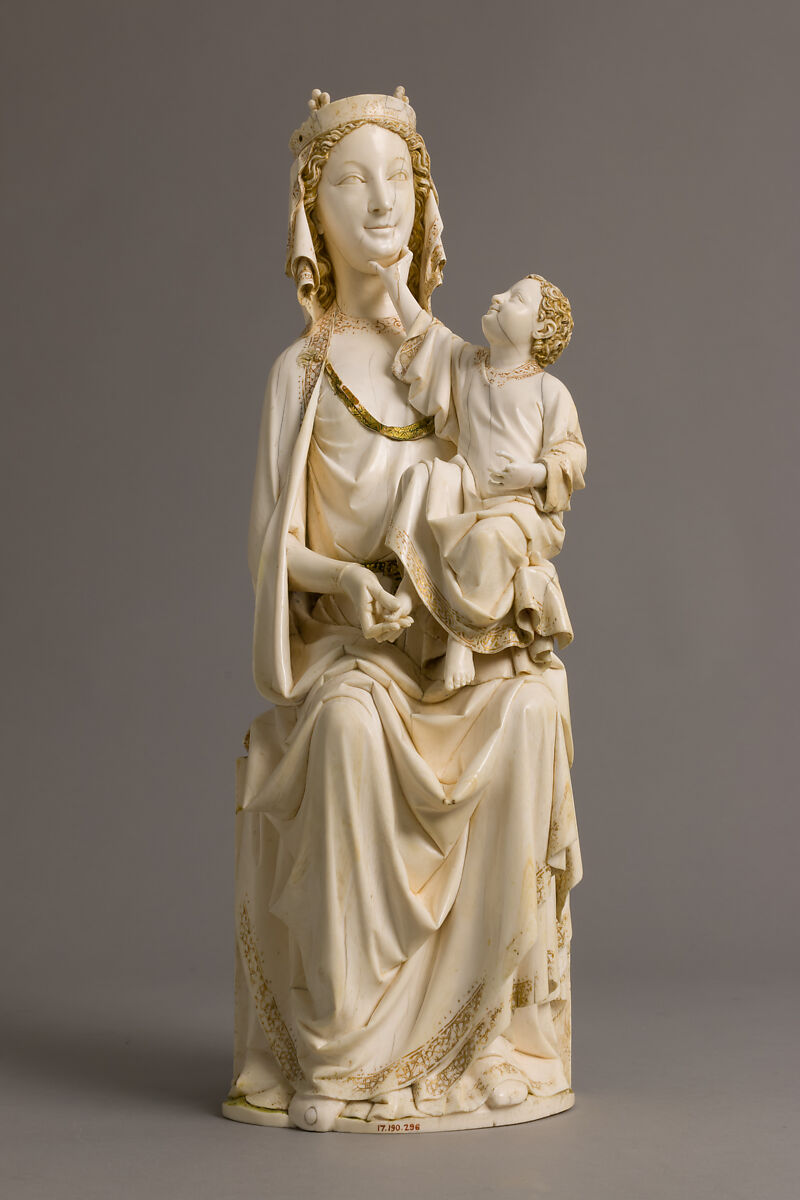 Enthroned Virgin and Child, Elephant ivory with traces of paint and gilding, French