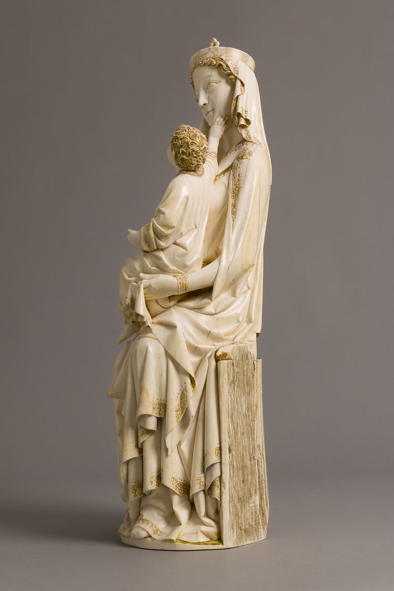 Enthroned Virgin and Child, Elephant ivory with traces of paint and gilding, French