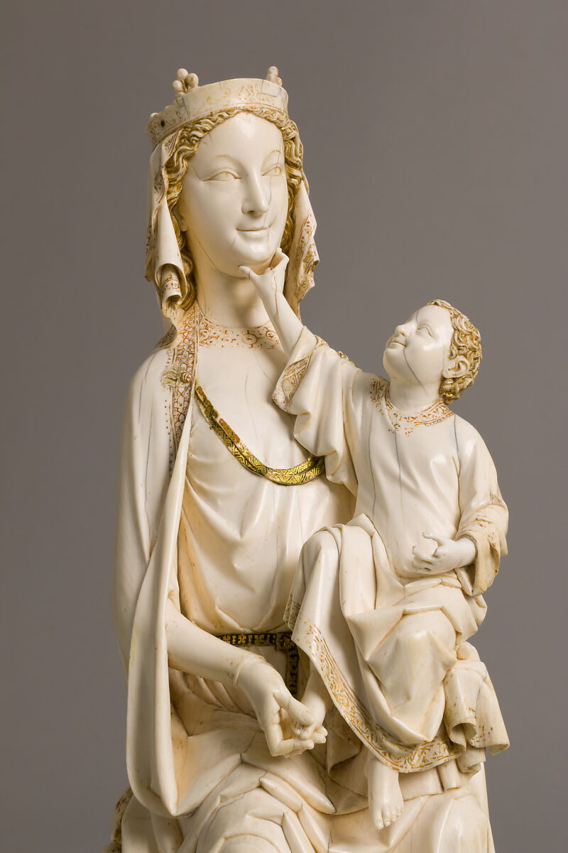 Enthroned Virgin and Child, Elephant ivory with traces of paint and gilding, French