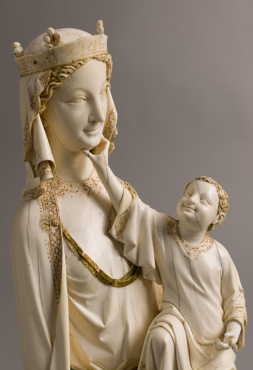 Enthroned Virgin and Child, Elephant ivory with traces of paint and gilding, French