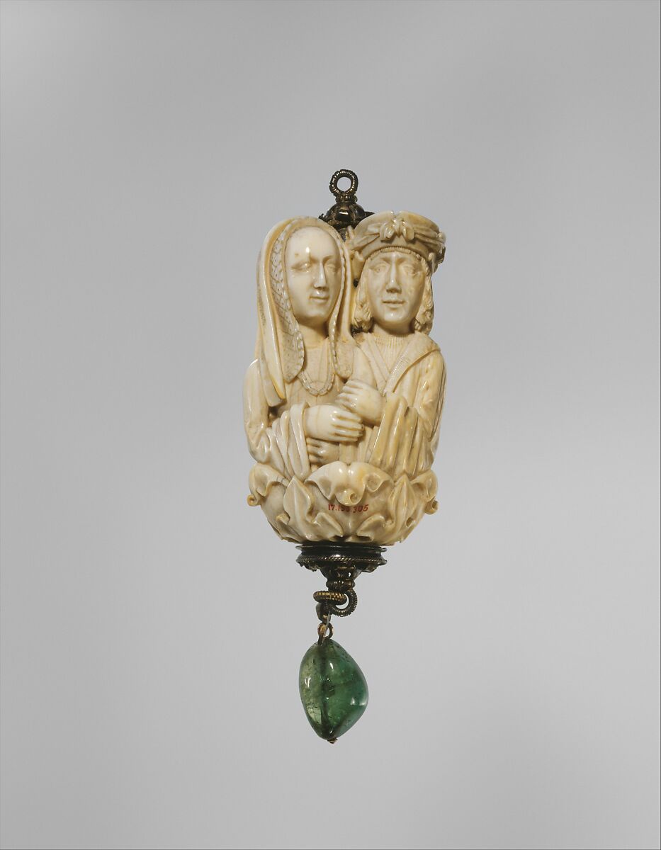 Rosary Terminal Bead with Lovers and Death's Head, Ivory, with emerald pendant, silver-gilt mount, North French or South Netherlandish 