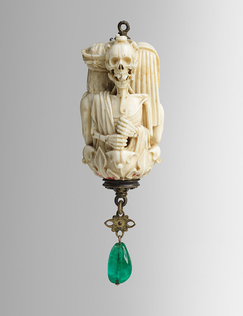 Rosary Terminal Bead with Lovers and Death's Head, Elephant ivory, with emerald pendant, silver-gilt mount, North French or South Netherlandish