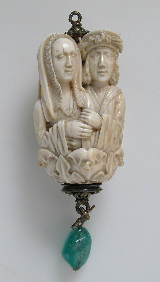 Rosary Terminal Bead with Lovers and Death's Head, Elephant ivory, with emerald pendant, silver-gilt mount, North French or South Netherlandish